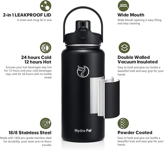 Half Gallon Insulated Water Bottle with 2-in-1 Lid (Chug Lid/Straw Lid), 40/64oz Double Walled Vacuum Stainless Steel Water Bottles, Water Jug with Straw