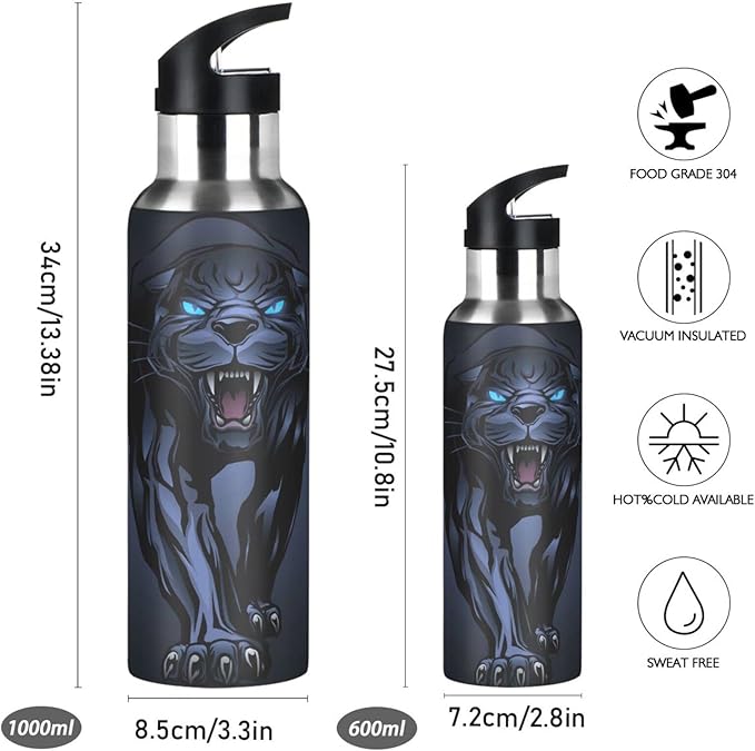 senya 34 Oz Water Bottle with Straw Roaring Black Panther Stainless Steel Water Bottle for Traveling Sports Leakproof Insulated Water Bottle