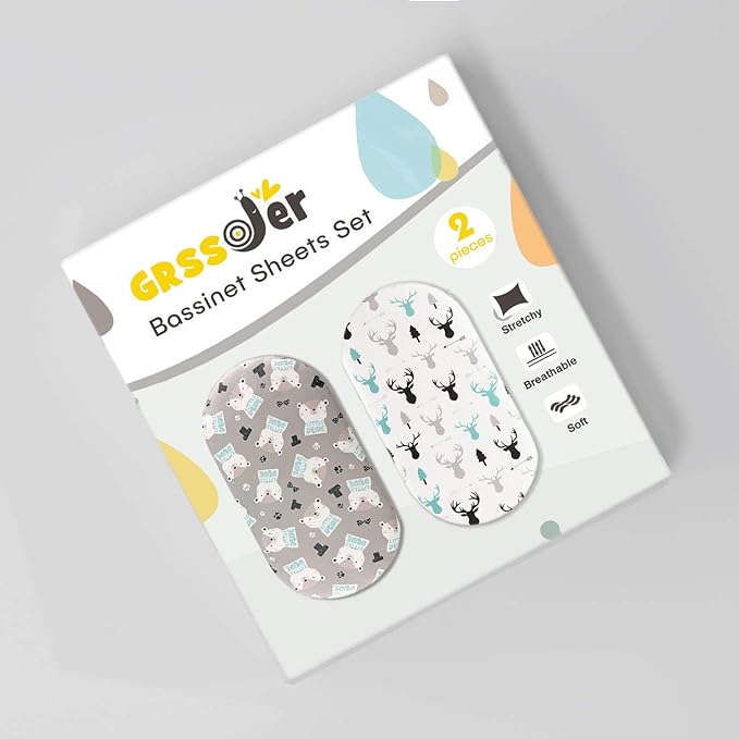 Stretch Ultra Soft Fitted Bassinet Sheet Set 2 Pack, Universal Cradle Sheet Set for Rectangle, Oval, or Hourglass Bassinet Pad/Mattress, Grey Bear Bassinet Sheets for Girls and Boys