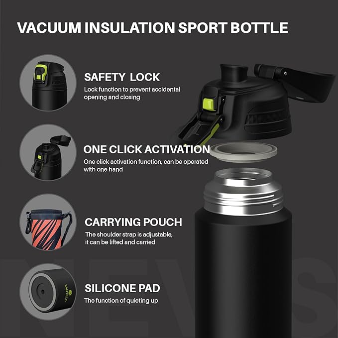 Insulated Sports Water Bottle, Stainless Steel Water Bottles with Locking Flip Top Lid, Insulated Bottle with Double-Wall Vacuum Insulation for Fitness and Outdoor Enthusiasts
