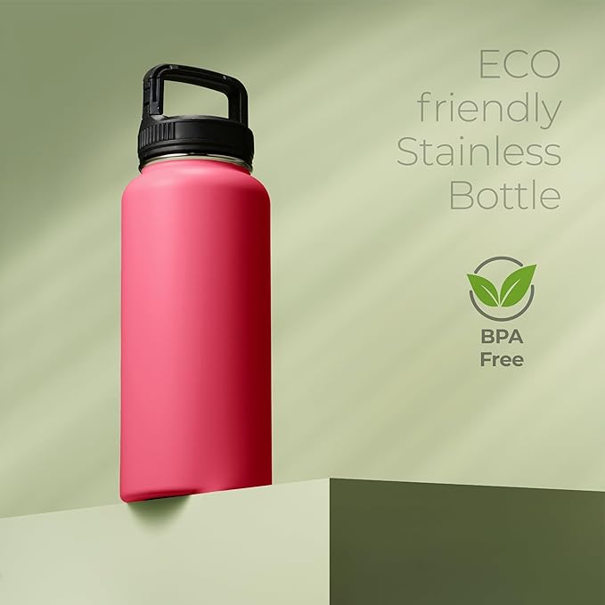 SipX™ Triple-Insulated Stainless Steel Water Bottle 32oz. With 3 Lids, BPA-Free Reusable Insulated Water Bottle Keeps Cold 24 Hours, Metal Water Bottle Made Of Sustainable Material For Hiking & Biking