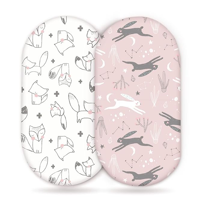 GRSSDER Stretchy Ultra Soft Fitted Bassinet Sheet Set 2 Pack, Universal Fit for Bassinets Baby Cradle Moses Basket Oval Rectangle Pad/Mattress, Cute Foxes and Rabbits Bassinet Sheets for Girls