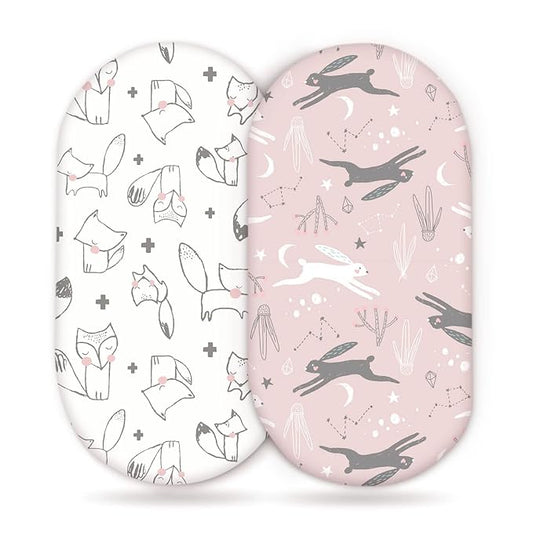 GRSSDER Stretchy Ultra Soft Fitted Bassinet Sheet Set 2 Pack, Universal Fit for Bassinets Baby Cradle Moses Basket Oval Rectangle Pad/Mattress, Cute Foxes and Rabbits Bassinet Sheets for Girls