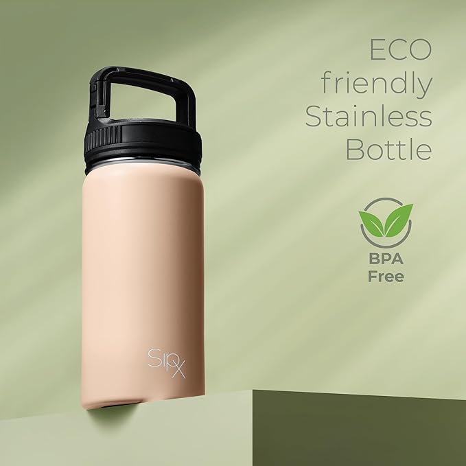 SipX™ Triple-Insulated Stainless Steel Water Bottle 18oz. With 3 Lids, BPA-Free Reusable Insulated Water Bottle Keeps Cold 24 Hours, Metal Water Bottle Made Of Sustainable Material For Hiking & Biking