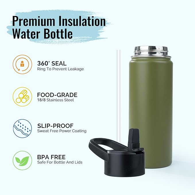 Stainless Steel Water bottle with Straw & Wide Mouth Lid, Wide Rotating Handle, 18oz Double Wall Vacuum Insulated Water Bottle Leak Proof, BPA Free, Keep Cold and Hot, 18oz, Army Green