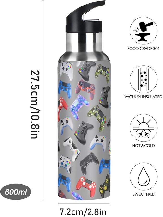 Gamer Gaming Weapon Gamepad Stainless Steel Water Bottle with Straw Lid - 20 Oz Sports Insulated Water Bottle Thermos for Sport Gym Outdoor Travel School