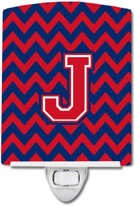 Caroline's Treasures CJ1054-JCNL Letter J Chevron Yale Blue and Crimson Ceramic Night Light Compact, UL-Certified, Ideal for Bedroom, Bathroom, Nursery, Hallway, Kitchen, 6x4x3, Multicolor