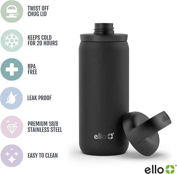 Ello Cooper Twist 18oz Kids Stainless Steel Water Bottle with Chug Lid | Leak Proof Double Walled and Vacuum Insulated | Fits Car Cupholder | Built in Carry Loop | Dishwasher Safe | Antigua