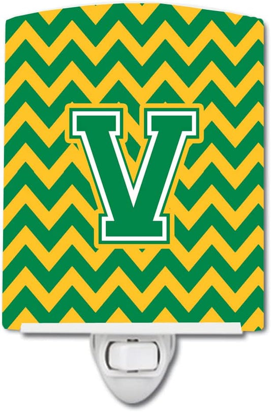 Caroline's Treasures CJ1059-VCNL Letter V Chevron Green and Gold Ceramic Night Light Compact, UL-Certified, Ideal for Bedroom, Bathroom, Nursery, Hallway, Kitchen, 6x4x3, Multicolor