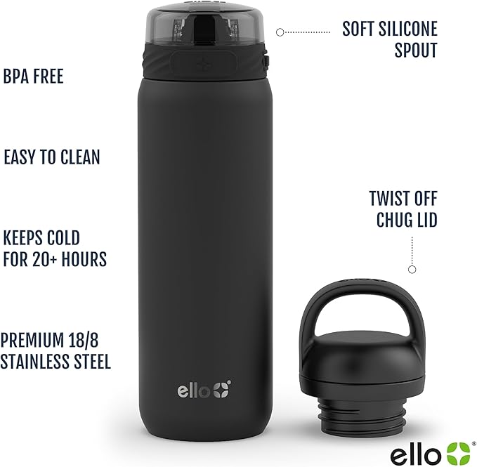 Ello Cooper 22oz Stainless Steel Water Bottle with 2 Lids Chug and Straw | Leak Proof Double Walled and Vacuum Insulated | Fits Car Cupholder | Built in Carry Loop | Dishwasher Safe | Antigua