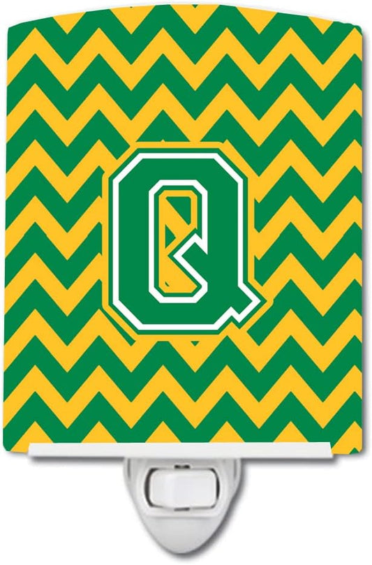 Caroline's Treasures CJ1059-QCNL Letter Q Chevron Green and Gold Ceramic Night Light Compact, UL-Certified, Ideal for Bedroom, Bathroom, Nursery, Hallway, Kitchen, 6x4x3, Multicolor