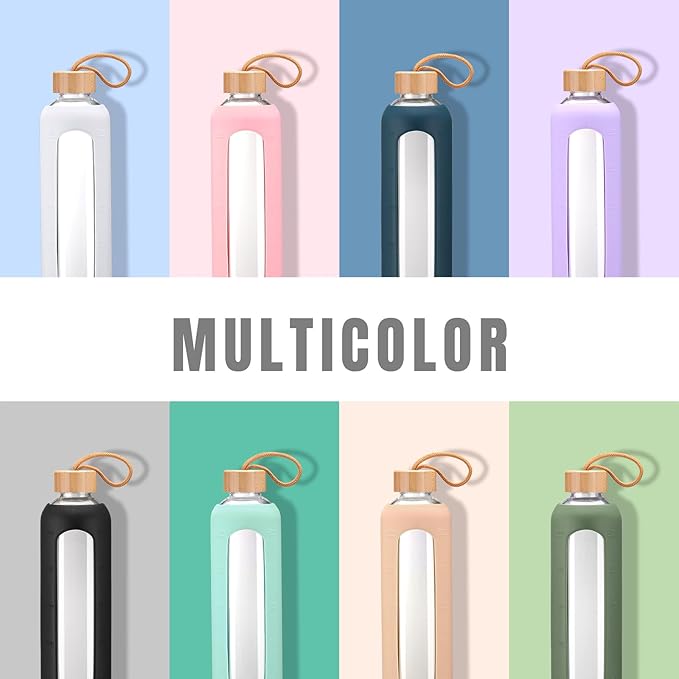 32oz Glass Water Bottle With 2 Lids-Flip Straw Lid, Bamboo Lid, Glass Water Bottle With Silicone Sleeve, Motivational Time Marker, Glass Juice Bottle for Cold Drink,Amber
