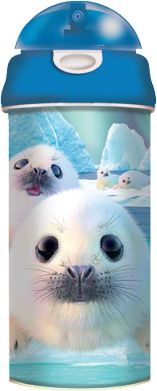 Drinking Bottle - Seal Pups from Deluxebase. 3D Lenticular Seal Water Bottle with Straw. 600ml kids drinks bottle with original artwork from renowned artist, Collin Bogle