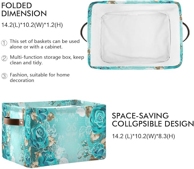 Wamika Turquoise Blue Green Rose Storage Basket Fabric Laundry Baskets Spring Flowers Leaves Storage Boxes Organizer Bag for Baby Cloth Dog Toy Book Storage Cubes Shelf Closet Bins 16x12x8 Inches