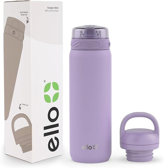 Ello Cooper 22oz Stainless Steel Water Bottle with 2 Lids Chug and Straw | Leak Proof Double Walled and Vacuum Insulated | Fits Car Cupholder | Built in Carry Loop | Dishwasher Safe | Lilac