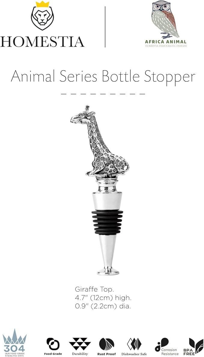 Homestia Wine Bottle Stoppers for Glass Bottles, Giraffe Bottle Stopper Reusable Wine Corks Wine Tool, Zinc-Alloy Silicone Wine Stoppers, Wine Toppers with Decors