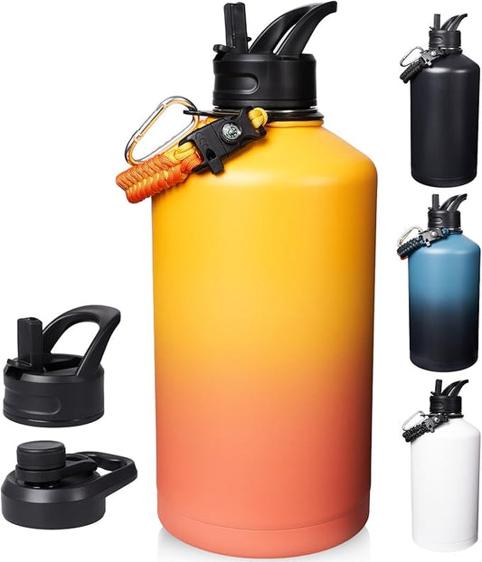 Gallon Water Bottle with Straw&Spout Lid, 128oz Stainless Steel Water Jug with Handle and Wide Mouth, One Gallon Vacuum Double Walled Jug for Sports, Outdoors. Yellow&Orange 128oz
