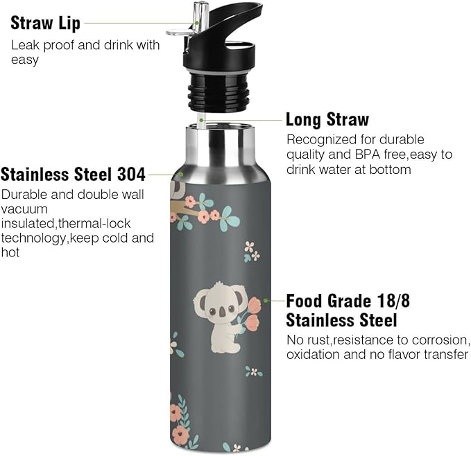 senya 20 Oz Water Bottle with Straw Koala and Flowers Stainless Steel Water Bottle for Traveling Sports Leakproof Insulated Water Bottle