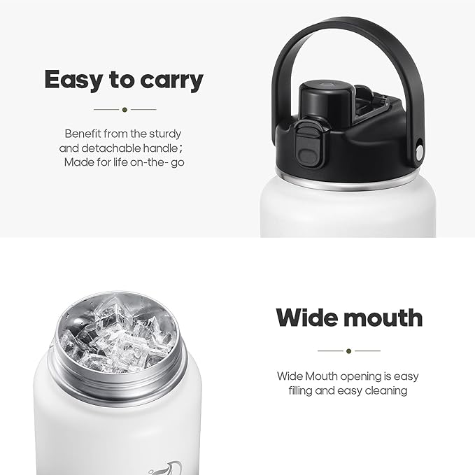 Half Gallon Insulated Water Bottle with 2-in-1 Lid (Chug Lid/Straw Lid), 40/64oz Double Walled Vacuum Stainless Steel Water Bottles, Water Jug with Straw