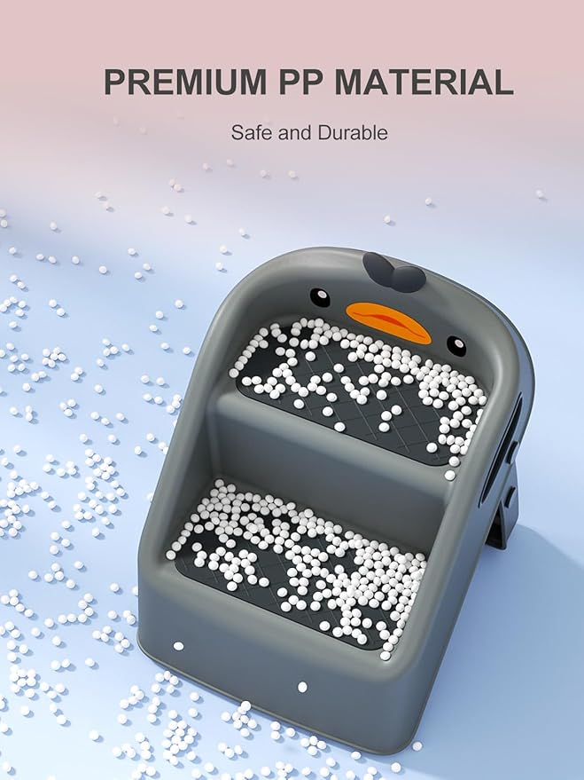 Toddler Step Stool Dark Grey, Foldable 2 Step Stool for Kids Bathroom Sink Potty Toilet, 15" Height(11" Two Steps & 4" Back Support), Cute & Lightweight Gift to Give Todders 1-3 More Independence