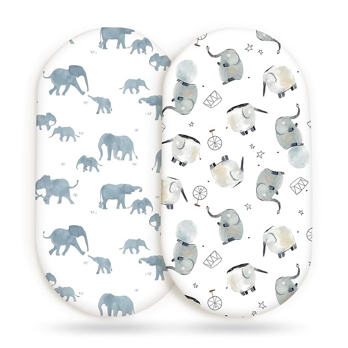 GRSSDER Stretchy Ultra Soft Fitted Bassinet Sheet Set 2 Pack, Universal Fitted for Bassinets Baby Cradle Moses Basket Oval Rectangle Mattress Safe and Snug, Cute Elephant Print