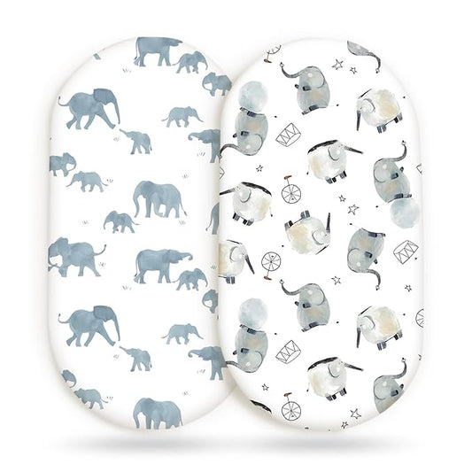 GRSSDER Stretchy Ultra Soft Fitted Bassinet Sheet Set 2 Pack, Universal Fitted for Bassinets Baby Cradle Moses Basket Oval Rectangle Mattress Safe and Snug, Cute Elephant Print