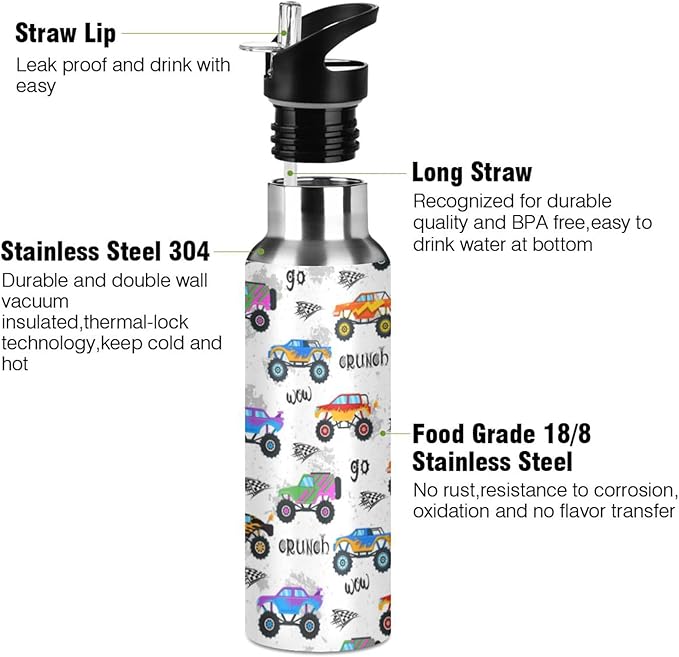 Monster Truck Sports Water Bottle, Double Wall Vacuum Insulated Stainless Steel Water Bottle with Straw Keeps Hot and Cold, Bike Running Sports Travel Gym 20oz