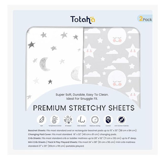 TotAha Premium Soft Bassinet Sheet for Boy Girl, Super Stretchy Jersey Knit Bassinet Fitted Sheet, Compatible with Halo, Maxi COSI, Mika Micky, SNOO, Baby Delight Mattress, 2 Pack, Moon & Grey Sky