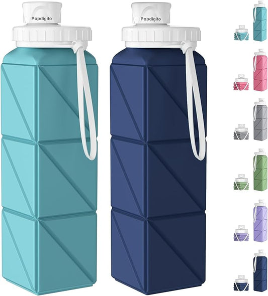 Collapsible Water Bottles,BPA-Free Leak-Proof Silicone Foldable Water Bottle Cup 20.6oz,Durable Lightweight Bottle for Gym Travel Camping Hiking Running (Navy Blue+Green)