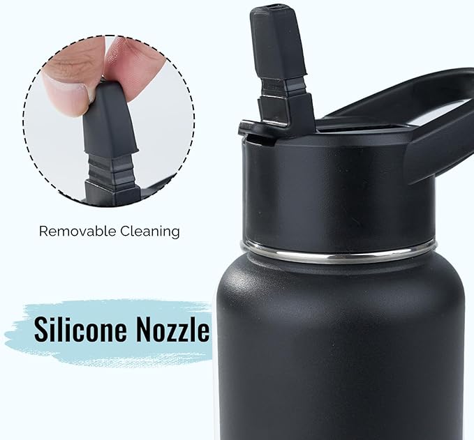 Stainless Steel Water bottle with Straw & Wide Mouth Lid, Wide Rotating Handle, 32oz Double Wall Vacuum Insulated Water Bottle Leak Proof, BPA Free, Keep Cold and Hot, 32oz, Black