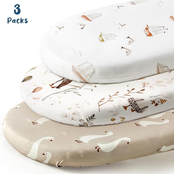 GRSSDER Stretchy Ultra Soft Fitted Bassinet Sheets 3 Pack, Universal Fitted for Oval Rectangle Bassinet Mattresses Safe and Snug, Stylish Bassinet Sheet Gender-Neutral Print for Baby