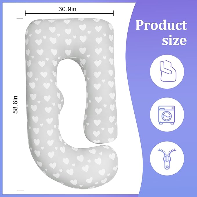 Floral Soft Pregnancy Pillow Cover (ONLY Pillowcase), U Shaped Luxurious Velvet Maternity Pillow Cover with Hidden Zip, Warm Large Pillow Protector for Side Sleeper, Grey, 58x32 in