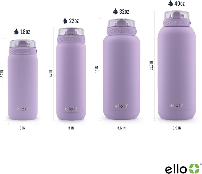 Ello Cooper 32oz Stainless Steel Water Bottle with Straw and Carry Handle, Double Walled and Vacuum Insulated Metal, Leak Proof Locking Lid with Soft Silicone Spout, Reusable, BPA Free, Lilac