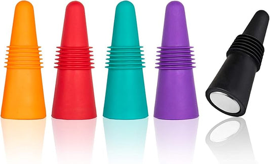 Reusable Wine Bottle Stoppers, 5 Pieces Silicone Wine Saver Champagne Stoppers, Decorative Wine Toppers Wine Sealer Caps, Beverage Preserver for Parties, Keep Wine, Beverage Fresh