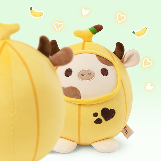 PEACH CAT Cute Banana Cow Plush Pillow Banana Cow Stuffed Animal Cow plushie with Banana Outerwear for Kids Yellow 12"