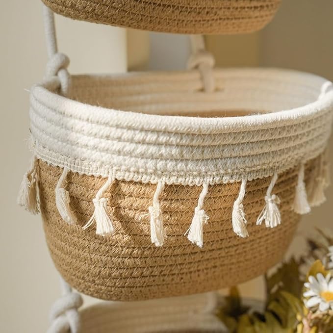 TeoKJ Over The Door Hanging Baskets, 3-Tier Woven Cotton Storage Organizer Bag with Tassels Wall-Mounted Decorative Hanging Nursery Baskets