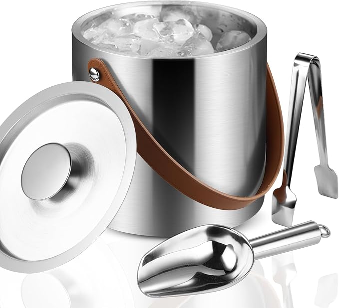 Double-Wall Vacuum Insulated Ice Bucket with Lid, Scoop, Ice Tong, Strainer & Leather Handle Keep Ice Frozen Longer Large Wine Ice Buckets for Cocktail Bar,Parties Chilling Beer Champagne 3L
