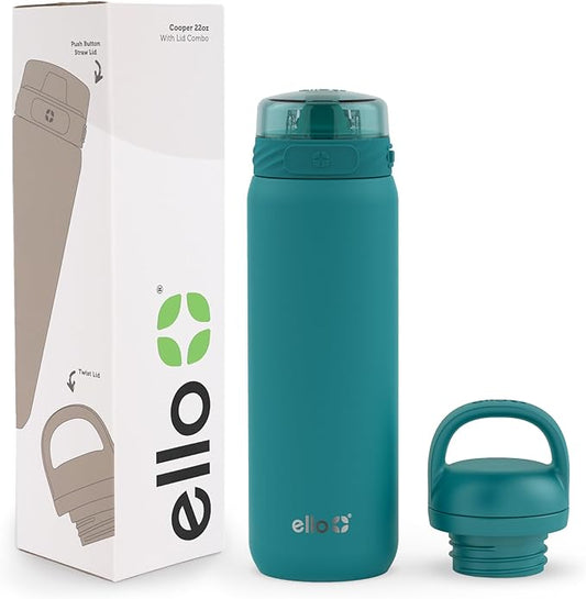 Ello Cooper 22oz Stainless Steel Water Bottle with 2 Lids Chug and Straw | Leak Proof Double Walled and Vacuum Insulated | Fits Car Cupholder | Built in Carry Loop | Dishwasher Safe | Antigua