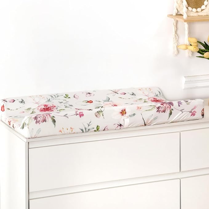 Stretch Ultra Soft Jersey Knit Changing Pad Cover Set 2 Pack, Change Table Pad Covers Fit 32"/34" x 16" Pads Safe and Snug, Pretty Flowers and Insects Pattern for Baby Girls