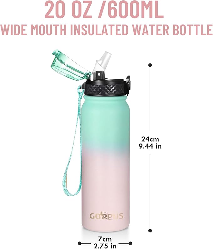 GOPPUS 20 oz Kids Water Bottle with Straw Wide Mouth Lid Leak Proof Double Walled Insulated Stainless Steel Water Bottles with Strap Handle for Boys Girls School (Green Pink 1 Lid)