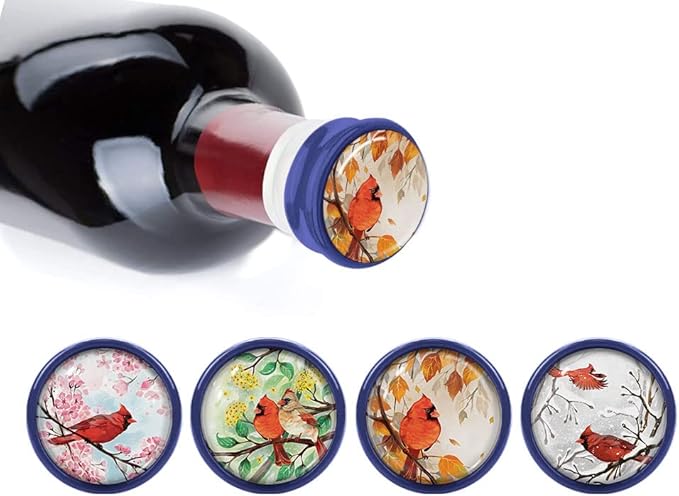 WIRESTER Set of 4 Ceramic Cork Decorative Wine Bottle Stoppers For Bar, Holiday, Party, Wedding - Red Cardinal Birds