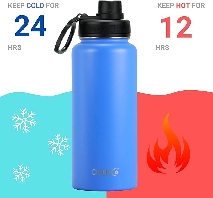 DRINCO Stainless Steel Water Bottle Spout Lid Vacuum Insulated Double Wall Water Bottle USA Flag Military Veteran (32oz US Flag Color Royal Blue, 32oz)