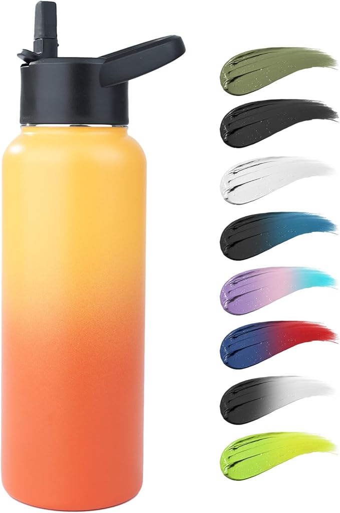 Stainless Steel Water bottle with Straw & Wide Mouth Lid, Wide Rotating Handle, 40oz Double Wall Vacuum Insulated Water Bottle Leak Proof, BPA Free, Keep Cold and Hot, 40oz, Yellow Gradient