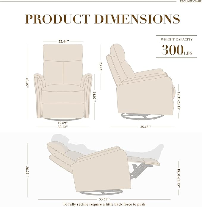 Swivel Rocking Recliner Glider Chair, Leather Reclining Rocker Chair with Footrest for Living Room, Nursery, Office, Bedroom, Ergonomic High Backrest, Wide Seat Cushion and Metal Base-Charcoal