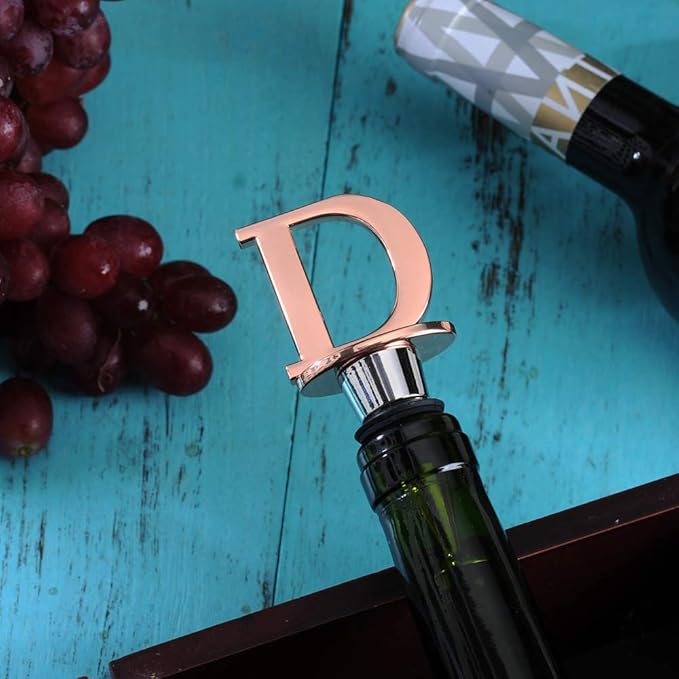 Wine and Beverage Bottle Stopper With Rose Gold Finish-Perfect Presents/Gift Idea for Valentines Day, Mothers Day, Fathers Day, Thanksgiving Day,D-Initial (Letter D)