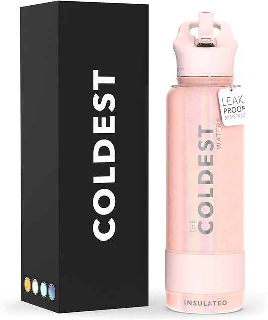 Coldest Sports Water Bottle with Straw Lid Vacuum Insulated Stainless Steel Metal Thermos Bottles Reusable Leak Proof Flask for Sports Gym (40 oz, Forever Pink Glitter)