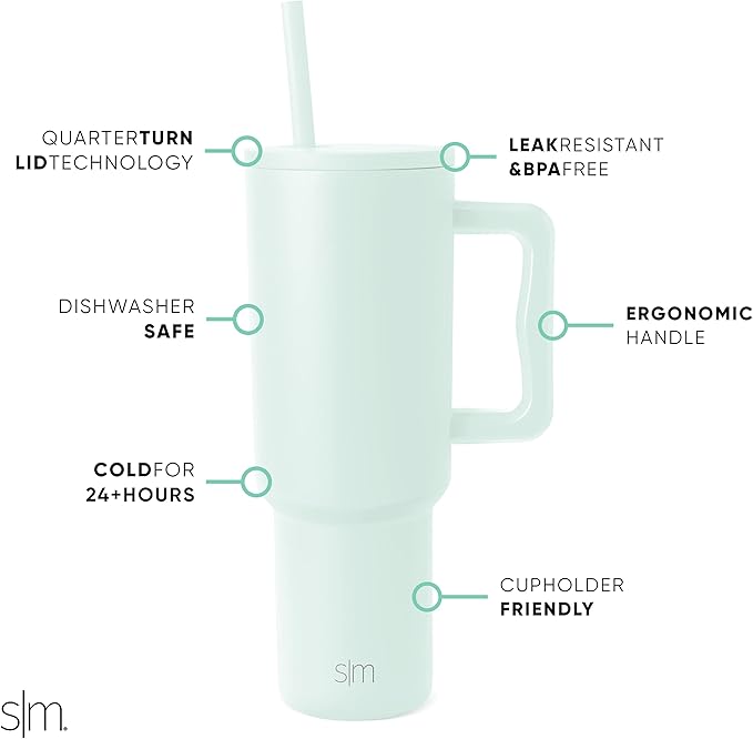 Simple Modern 40 oz Tumbler with Handle and Straw Lid | Insulated Cup Reusable Stainless Steel Water Bottle Travel Mug Cupholder Friendly | Gifts for Women Men Him Her | Trek Collection | Retro Mint