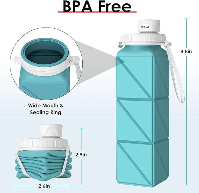 Collapsible Water Bottles, 2 Pack Leakproof BPA-Free Silicone Foldable Portable Water Bottle 610ml,Lightweight 21oz Reusable Wide Mouth Water bottle for Travel Cycling Gym Camping Sports
