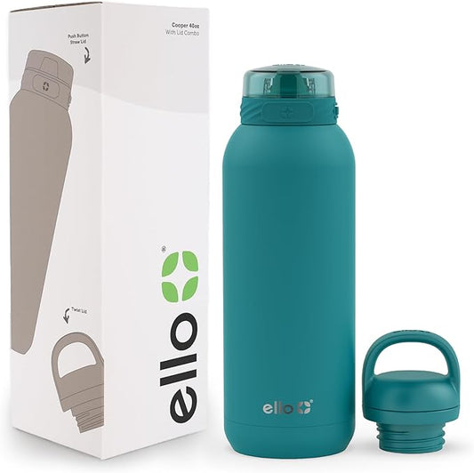 Ello Cooper 40oz Stainless Steel Water Bottle with 2 Lids Chug and Straw | Leak Proof | Double Walled and Vacuum Insulated | Built in Carry Loop | Dishwasher Safe | Antigua