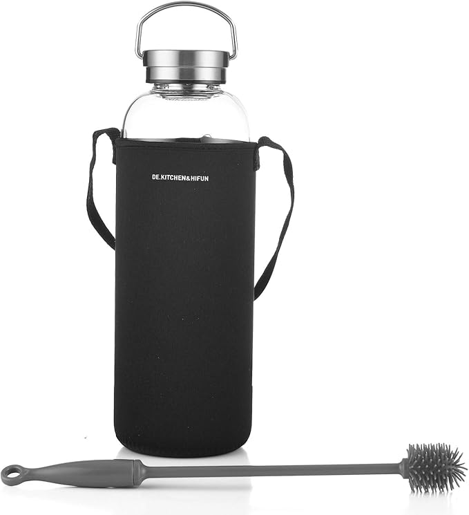 DE.KITCHEN&HIFUN Glasss Water Bottle 64oz, Large Borosilicate Glass 2L for Juice, Glass Water bottle with Steel Cap Filter (1)